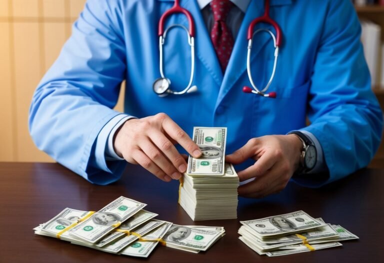 Doctor in blue coat counting stacks of hundred dollar bills