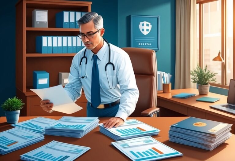 Doctor in office reviewing charts with graphs, stethoscope, and medical sign