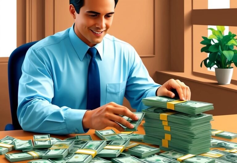 Smiling man in a blue shirt counting stacks of money on a desk