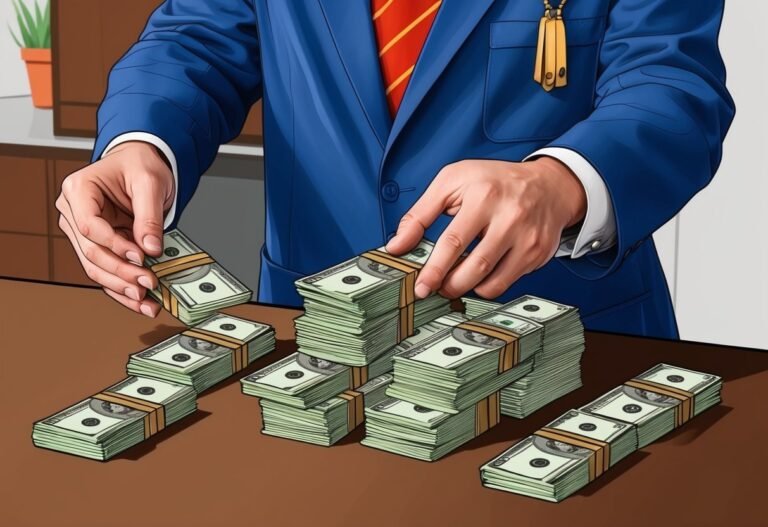 Person in blue suit arranging stacks of hundred dollar bills