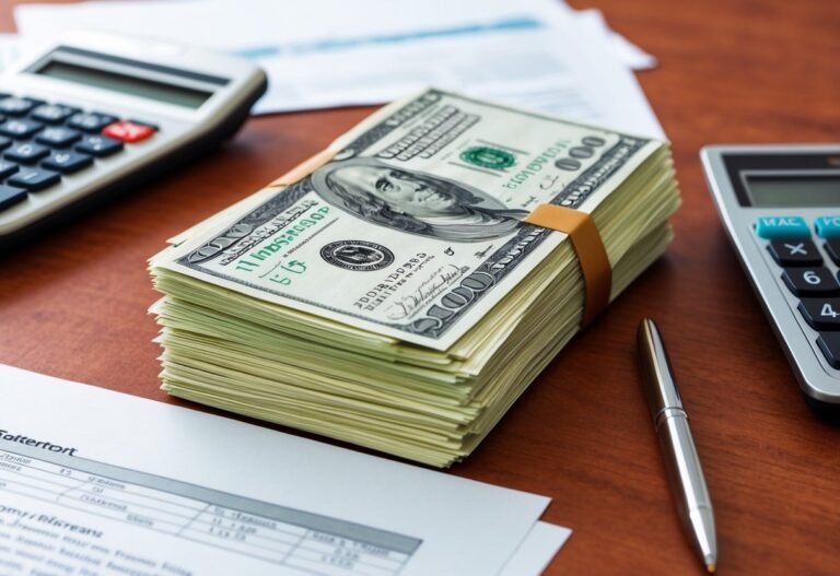 Stack of hundred dollar bills with calculators, pen, and documents