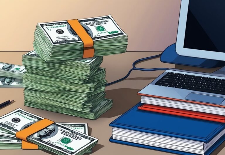 Stacks of hundred dollar bills, laptop, and books on a desk