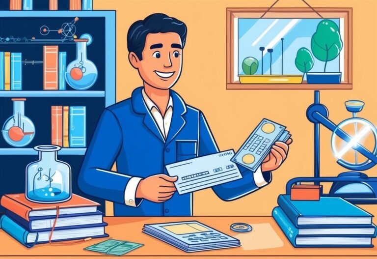 Scientist holding checks and a calculator, surrounded by lab equipment and books