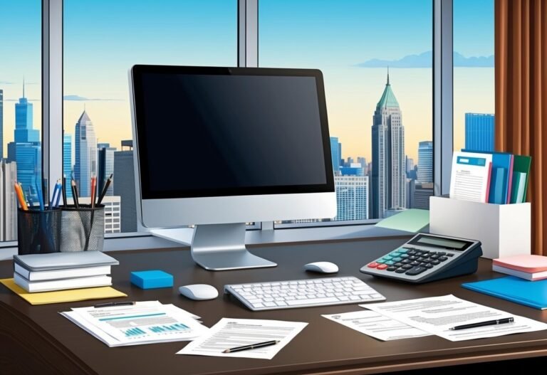 Office desk with computer, documents, and a city skyline view