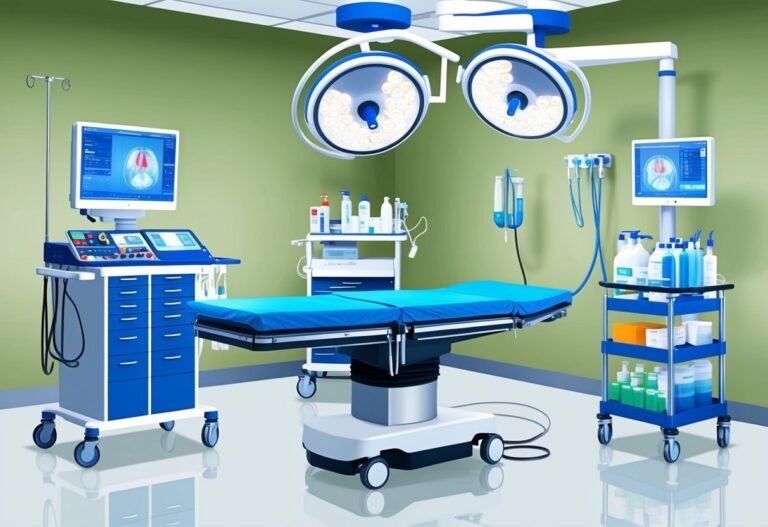 An operating room with surgical lights, equipment, and a blue operating table