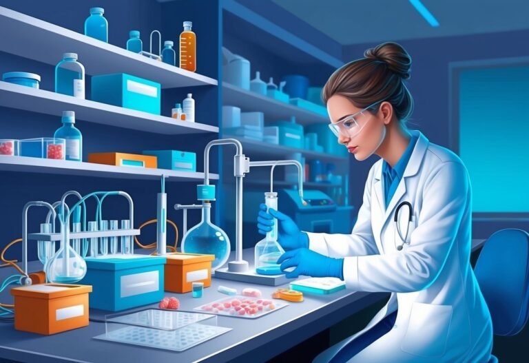 Scientist in lab coat and gloves working with beakers and equipment