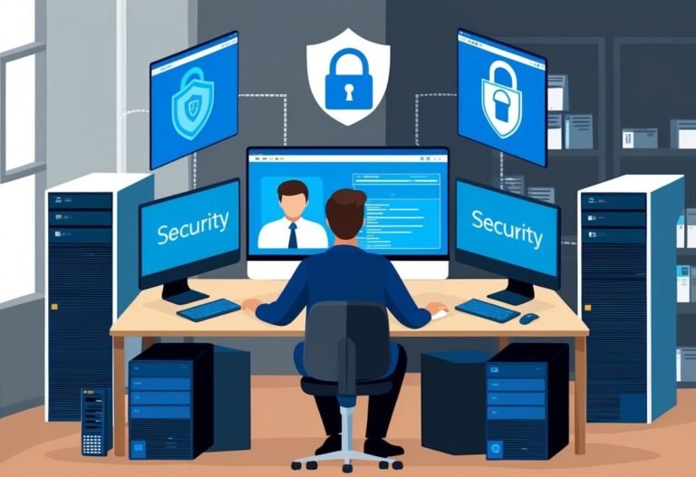 A person working on a computer with security icons and servers