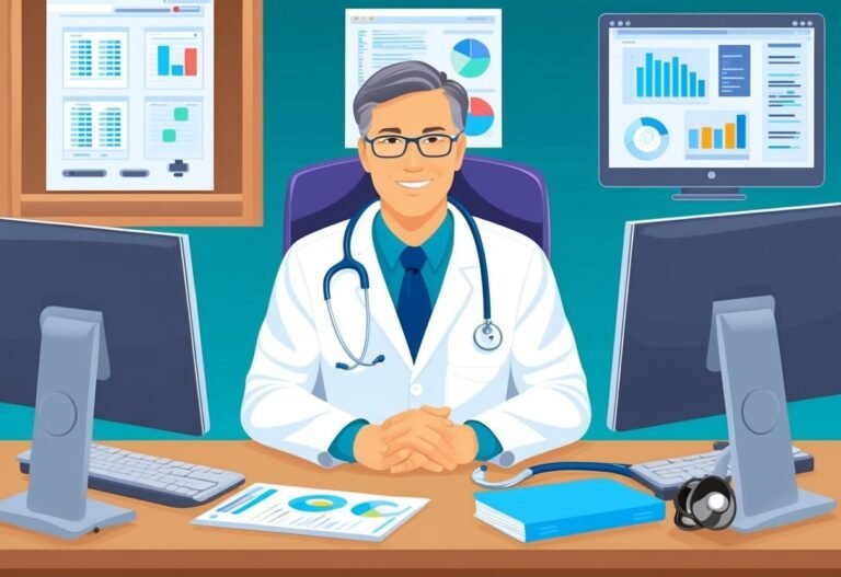 Doctor at desk with computers, charts, and stethoscope