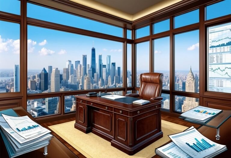 Executive office with city view, desk, leather chair, and financial charts