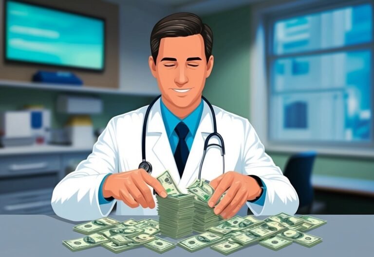 Doctor in white coat counting stacks of money in a medical office
