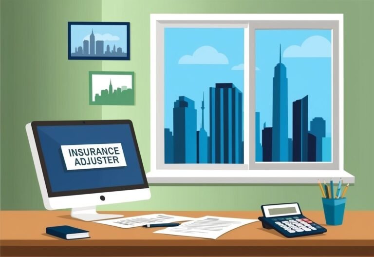 Desk with computer screen labeled "Insurance Adjuster" and city view
