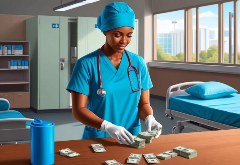 Nurse in scrubs counting stacks of money in a hospital room