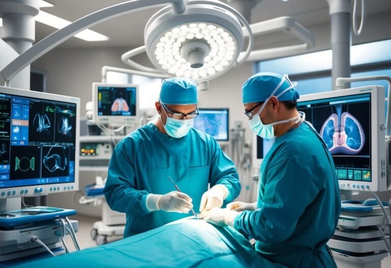 Two surgeons in scrubs performing surgery in a modern operating room