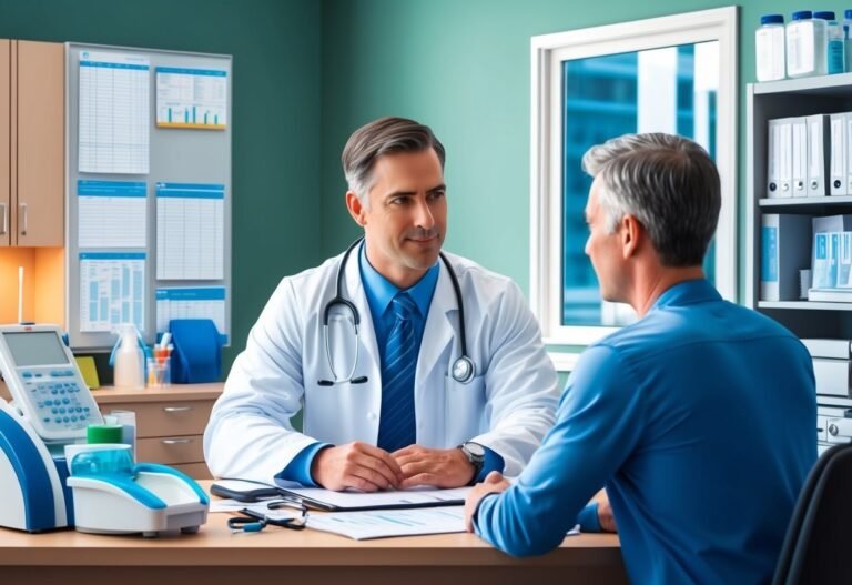 Doctor in white coat talking to a patient in a medical office