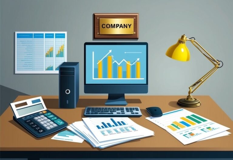 Office desk with computer, graphs, calculator, and "Company" sign