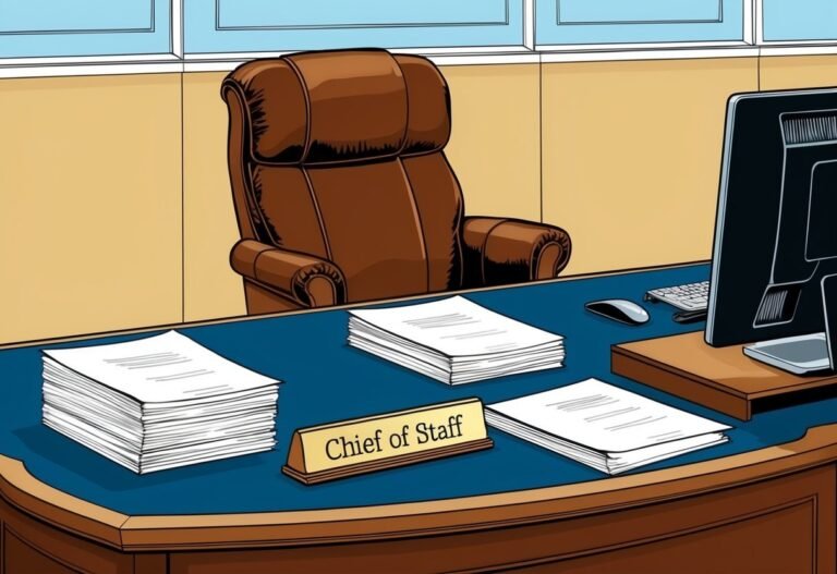 Chief of Staff's desk with chair, papers, computer, and nameplate