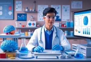 Scientist in lab coat with brain models and computer screen with brain scans