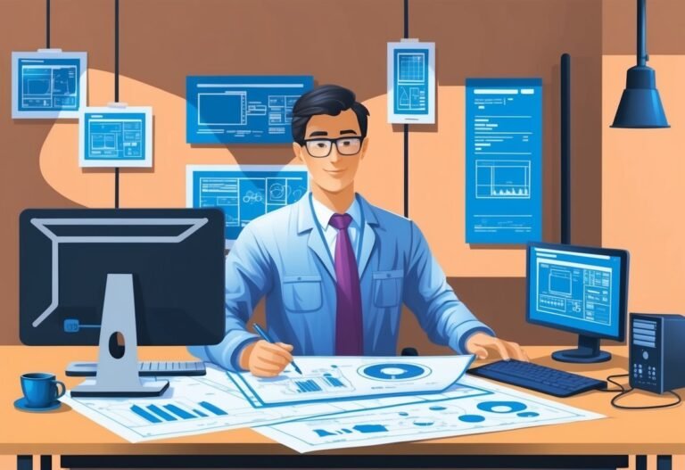 Man in glasses working at a desk with computer and blueprints
