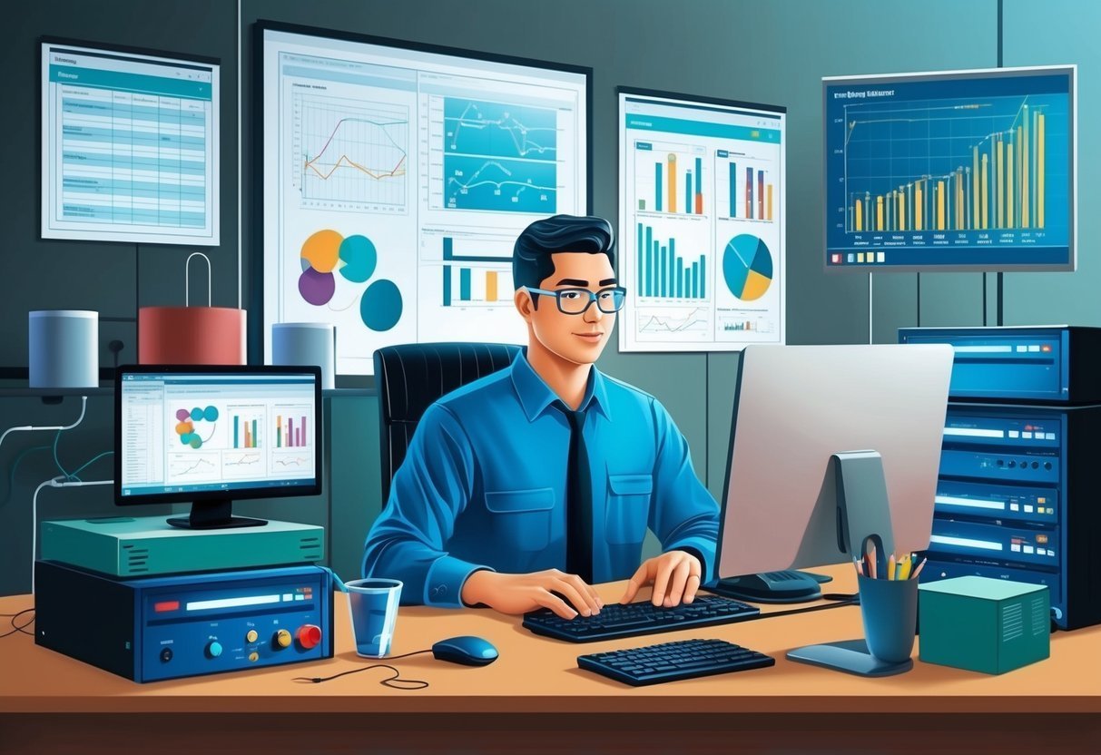 Man in glasses working on computer with data charts on walls