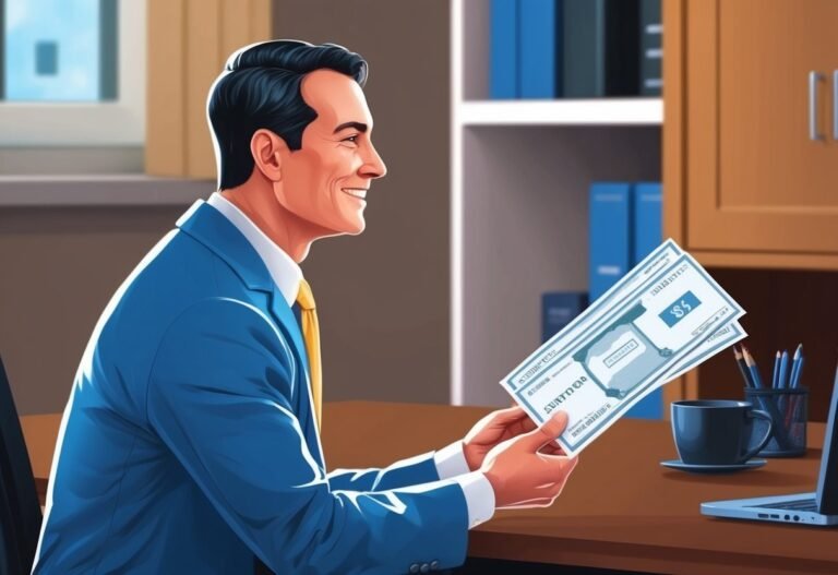 Smiling businessman in blue suit holding two large checks in office setting