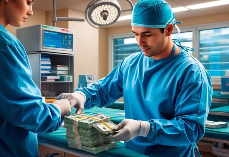 Surgeons in scrubs count stacks of money in an operating room
