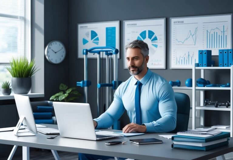 Man in blue shirt working on laptop in modern office with charts