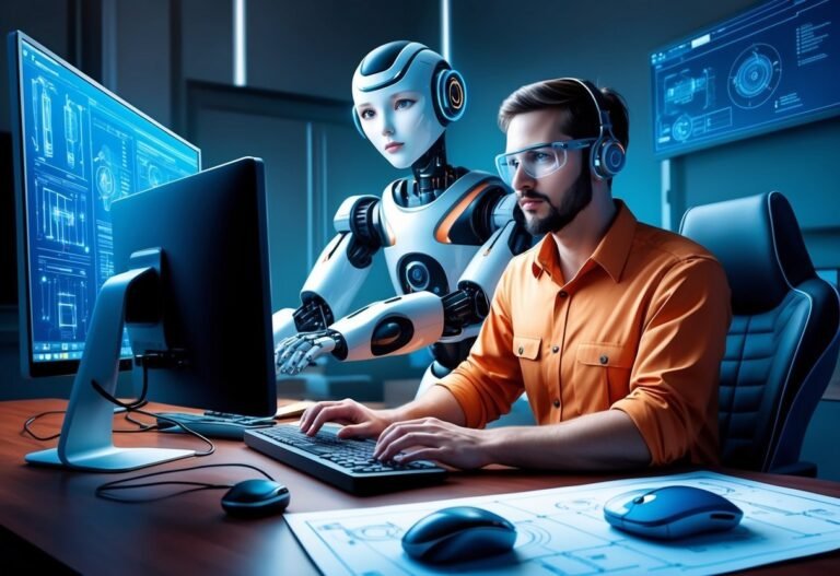 Man and robot working together at a computer, futuristic design