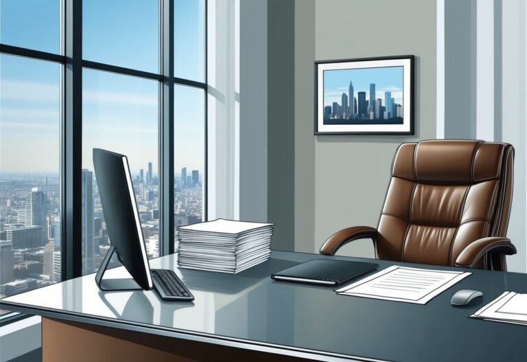 Modern office interior with desk, computer, chair, and city view
