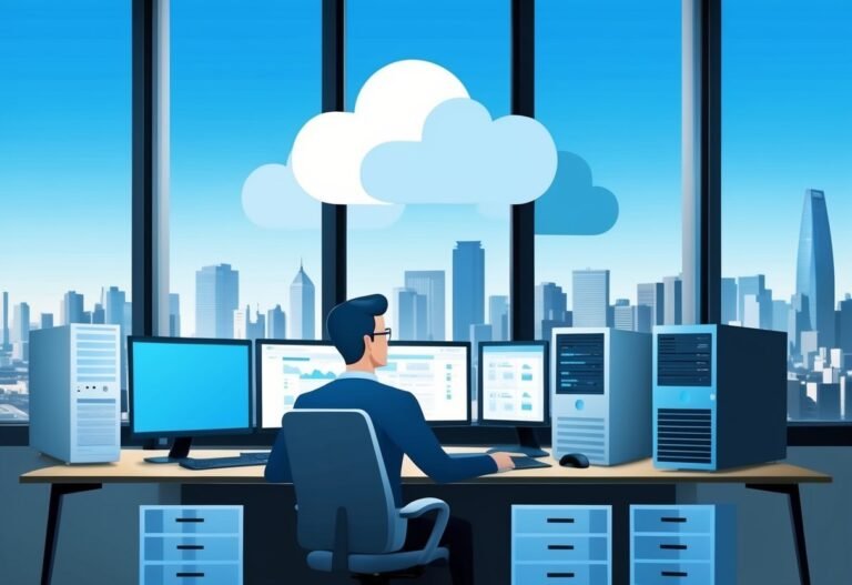 Man working on computers with cloud graphic, city skyline background