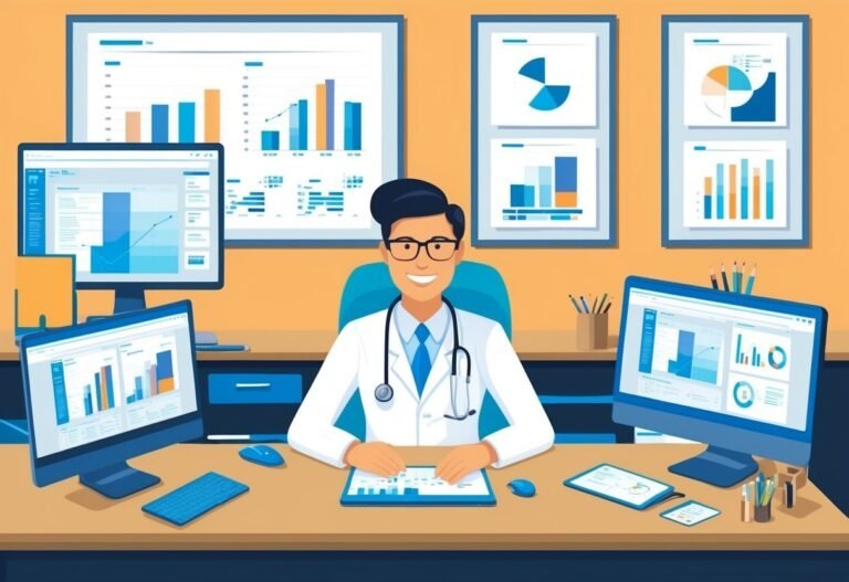 Doctor in office with computer screens displaying data charts