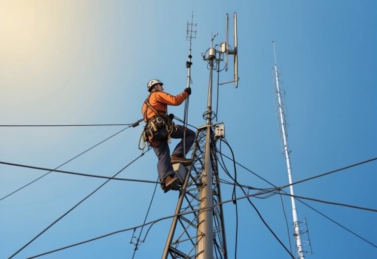 Technician climbing a cell tower, working on antennas, against a blue sky