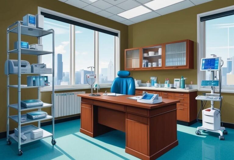Medical office with equipment, desk, chair, and city view through windows
