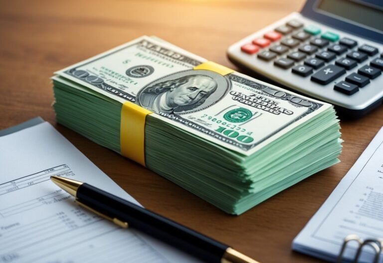 Stack of $100 bills with calculator, pen, and paperwork on a desk