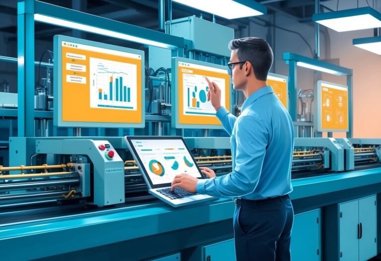 Man in factory analyzing data on multiple screens and laptop
