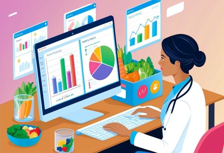 Doctor analyzing nutrition data on a computer with fresh vegetables nearby