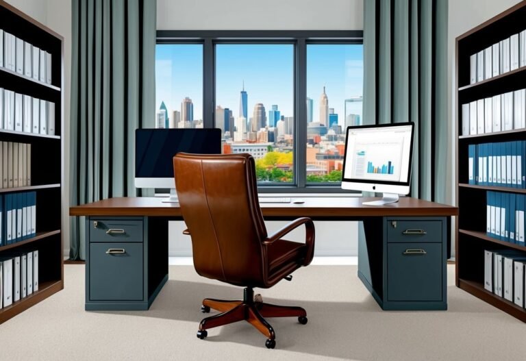Office with desk, leather chair, city view, bookshelves, and two computer monitors