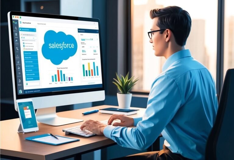 Man working on a computer with Salesforce dashboard and mobile phone