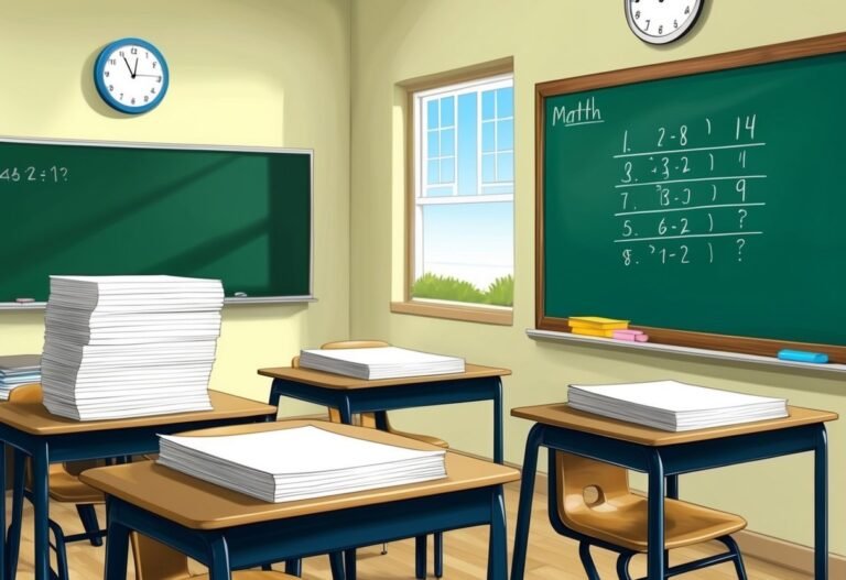 Classroom scene with desks, math problems on the chalkboard, and stacks of papers