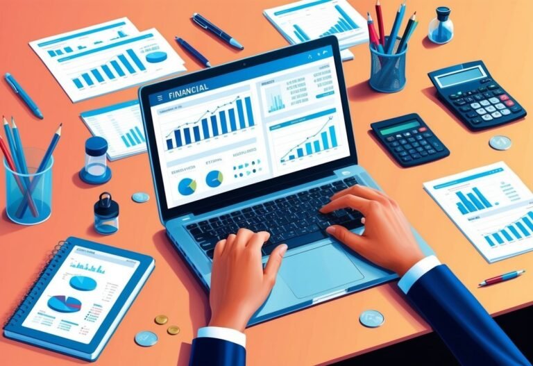 Person working on laptop with financial charts, surrounded by office supplies