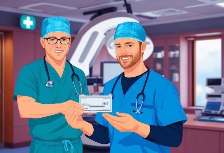 Two smiling doctors in scrubs holding a medical document in an operating room