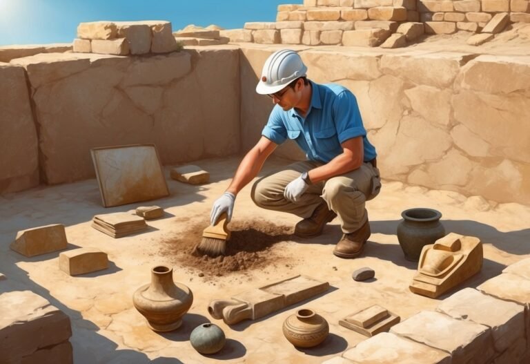 Archaeologist excavating artifacts with a brush in an ancient site