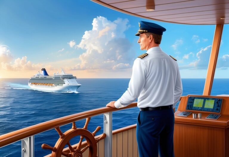 Cruise ship captain looking at a cruise ship on the ocean