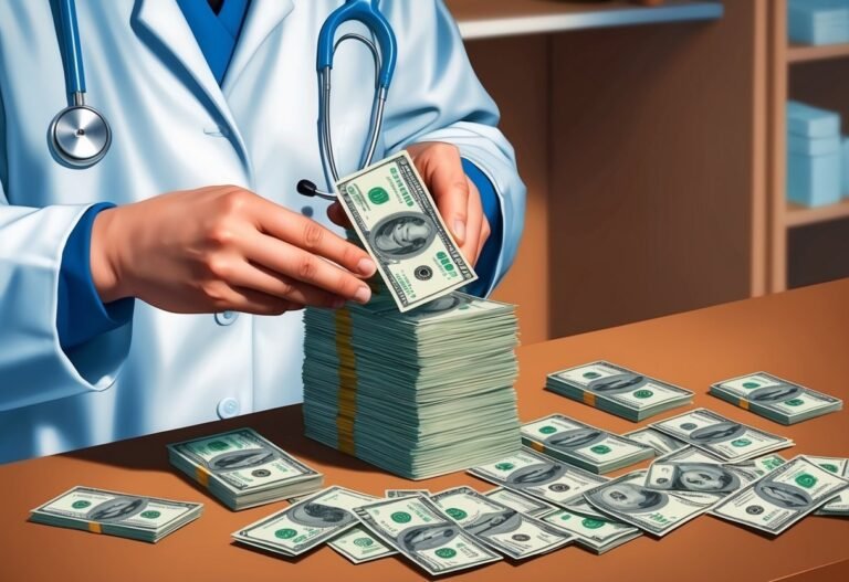 Doctor in lab coat counting stacks of US dollar bills