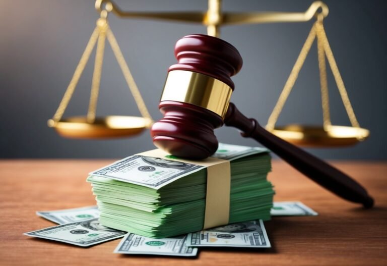 Gavel on stack of money with scales of justice in the background