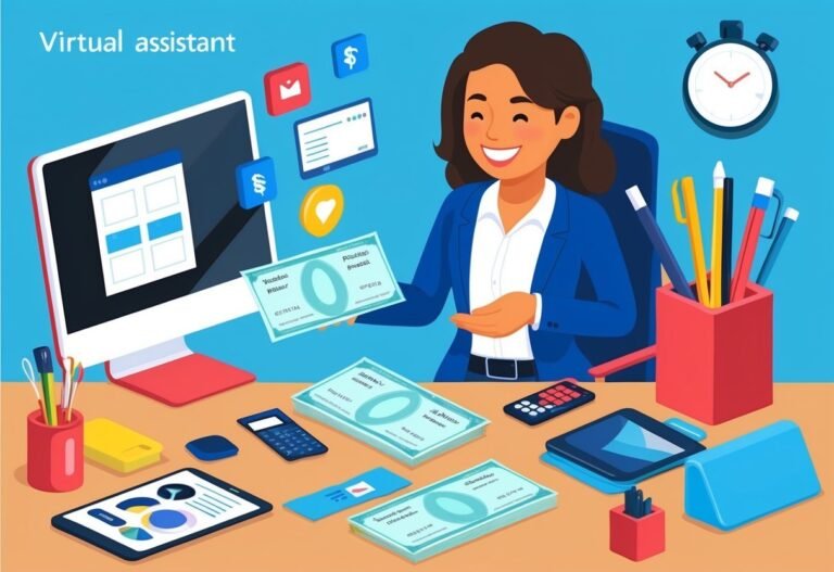 Smiling virtual assistant with money, computer, and office supplies on desk
