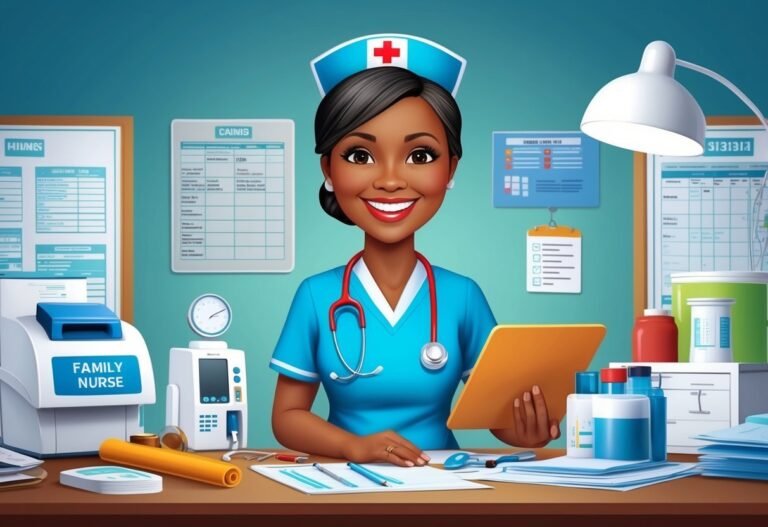 Smiling nurse in uniform at desk with medical supplies and charts