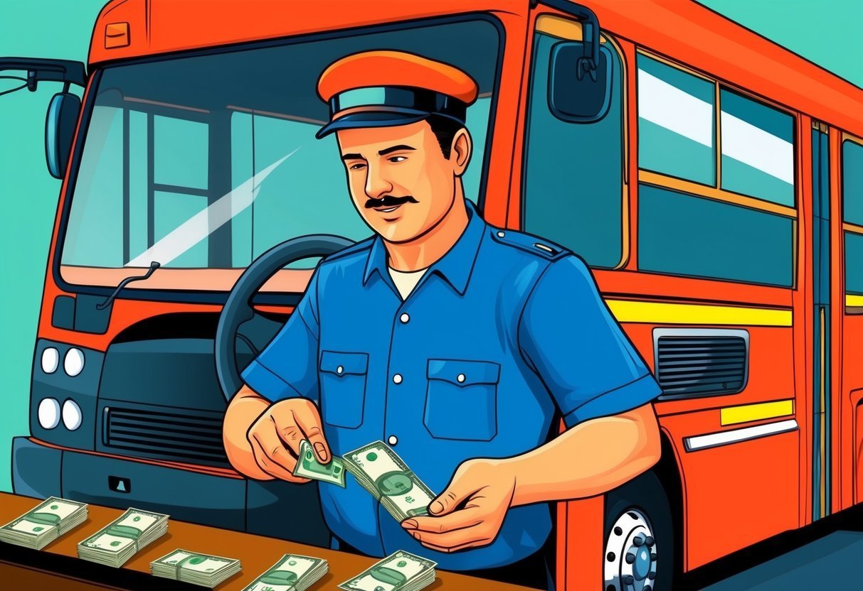 Bus driver counting money in front of an orange bus