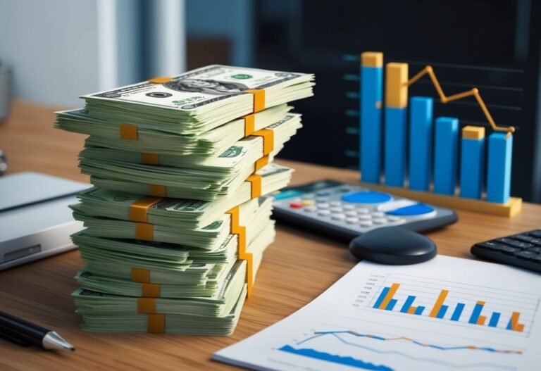 Stacks of cash, graphs, and calculator on a wooden desk