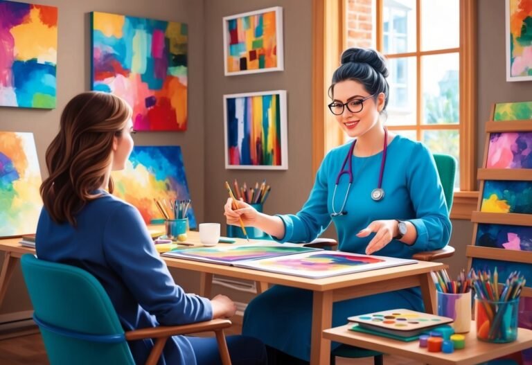 Art therapist with stethoscope consults with a patient in a colorful studio
