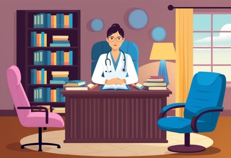 A doctor sits at a desk in an office, with books and a bookshelf